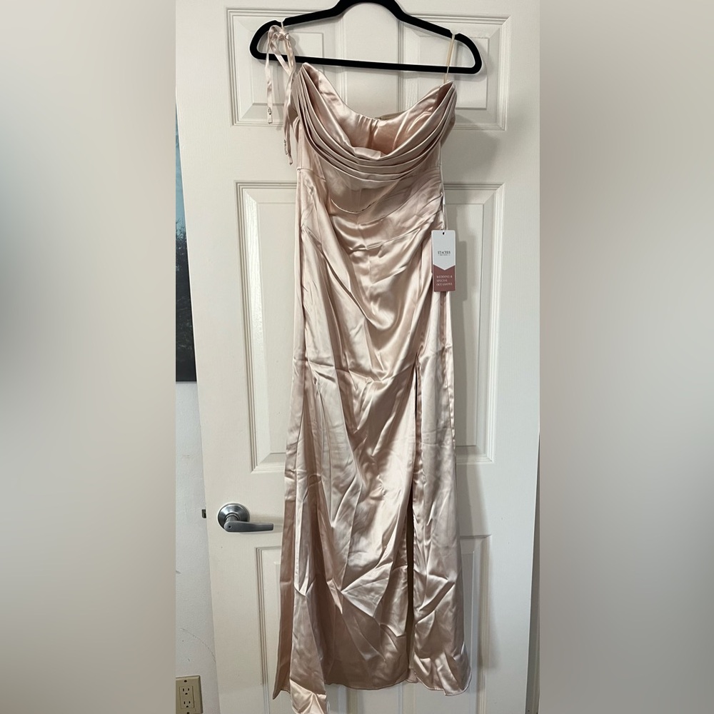 NEW! Satin Fitted Pleated Cowl Neck Formal Dress In Champagne